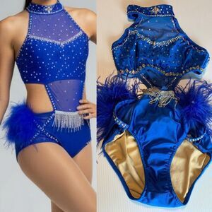 Glamour solo custom dance costume blue feather rhinestoned fringe XLC child